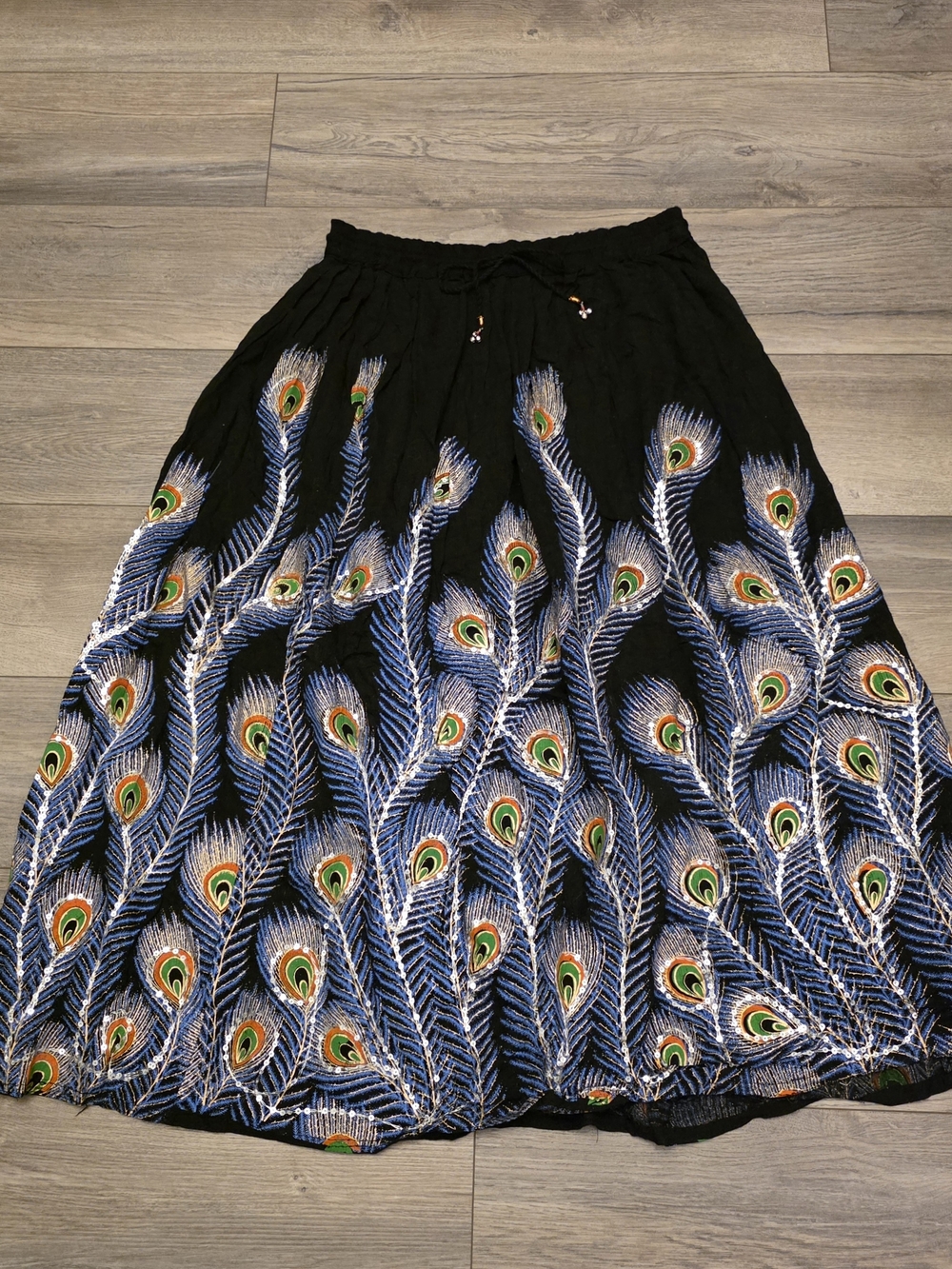 Peacock Feather Sequin Maxi Skirt Free Size 100% Rayon Made in India